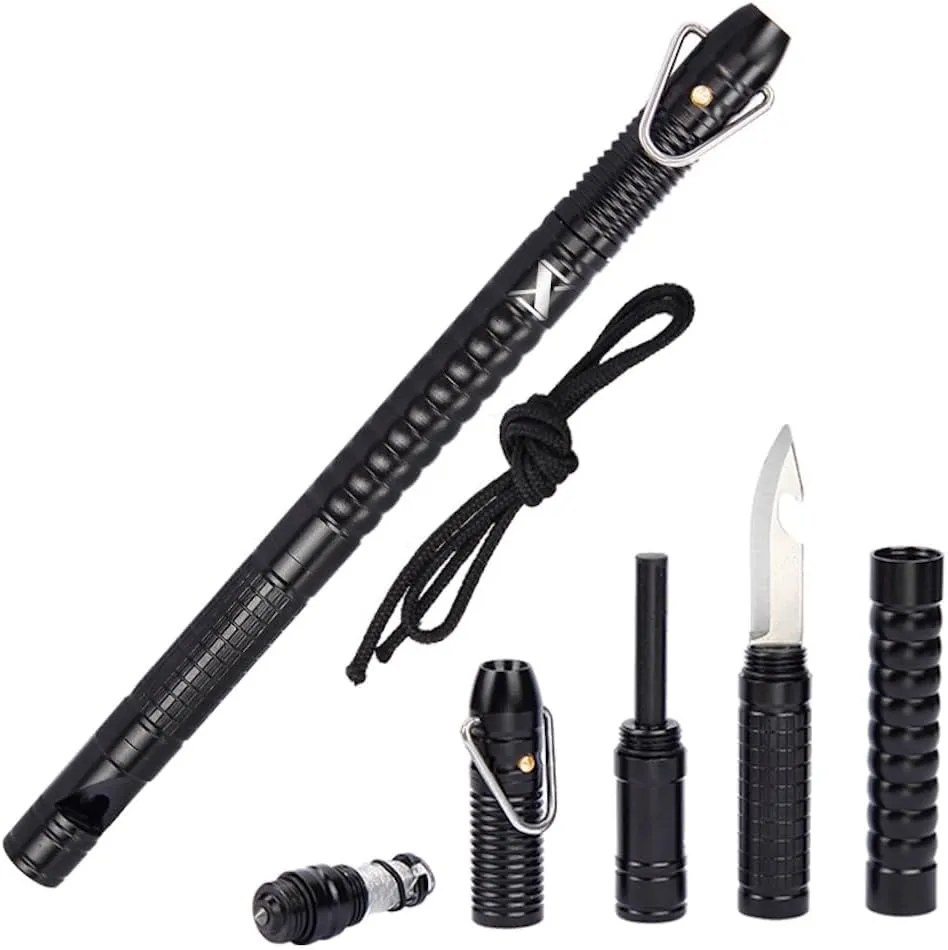 9 in 1 Stainless Steel Fishing Tool Set- Whistle, Fishing Line, Fishing Hook, LED Light, Bottle Opener, Small Knife, Magnesium Alloy Rod
