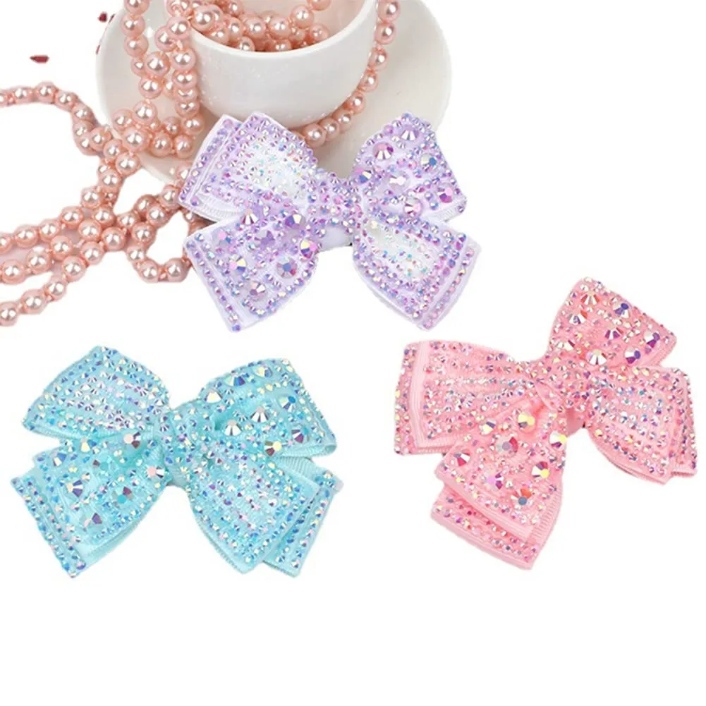 AKOAK 1 Pack Full Diamond Double Bow Barrette Party Girl Hair Accessory with Shiny Edge Clip for Children's Hair Accessories (6 Colors Optional) (Blue)