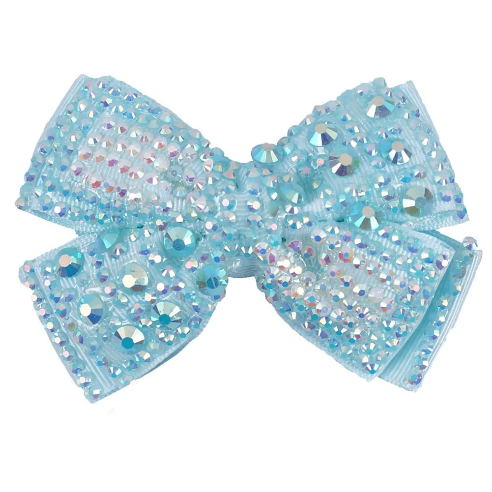 AKOAK 1 Pack Full Diamond Double Bow Barrette Party Girl Hair Accessory with Shiny Edge Clip for Children's Hair Accessories (6 Colors Optional) (Blue)