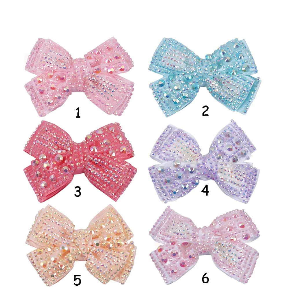 AKOAK 1 Pack Full Diamond Double Bow Barrette Party Girl Hair Accessory with Shiny Edge Clip for Children's Hair Accessories (6 Colors Optional) (Blue)