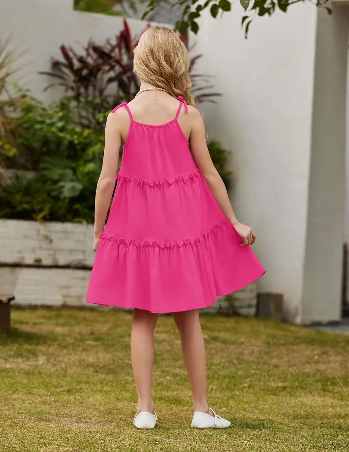 Arshiner Girl Summer Dresses Tween Boho Spaghetti Strap A-Line Swing Flowy Ruffle Tiered Sundress with Pockets
