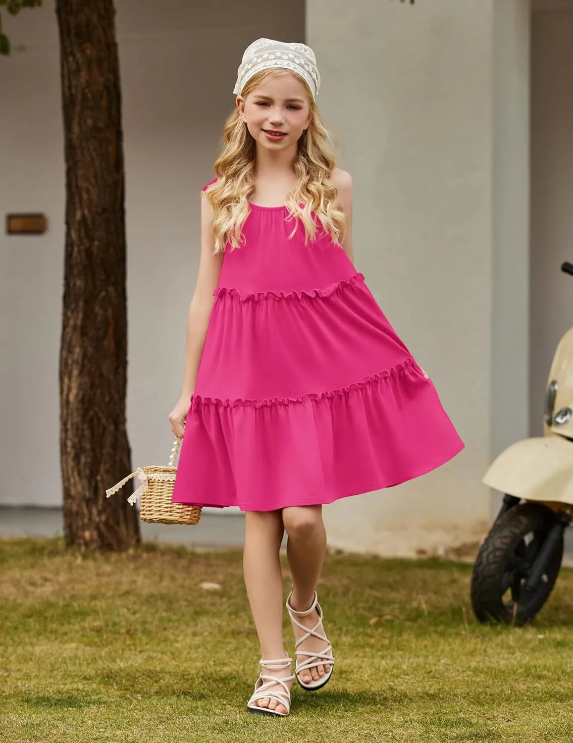 Arshiner Girl Summer Dresses Tween Boho Spaghetti Strap A-Line Swing Flowy Ruffle Tiered Sundress with Pockets