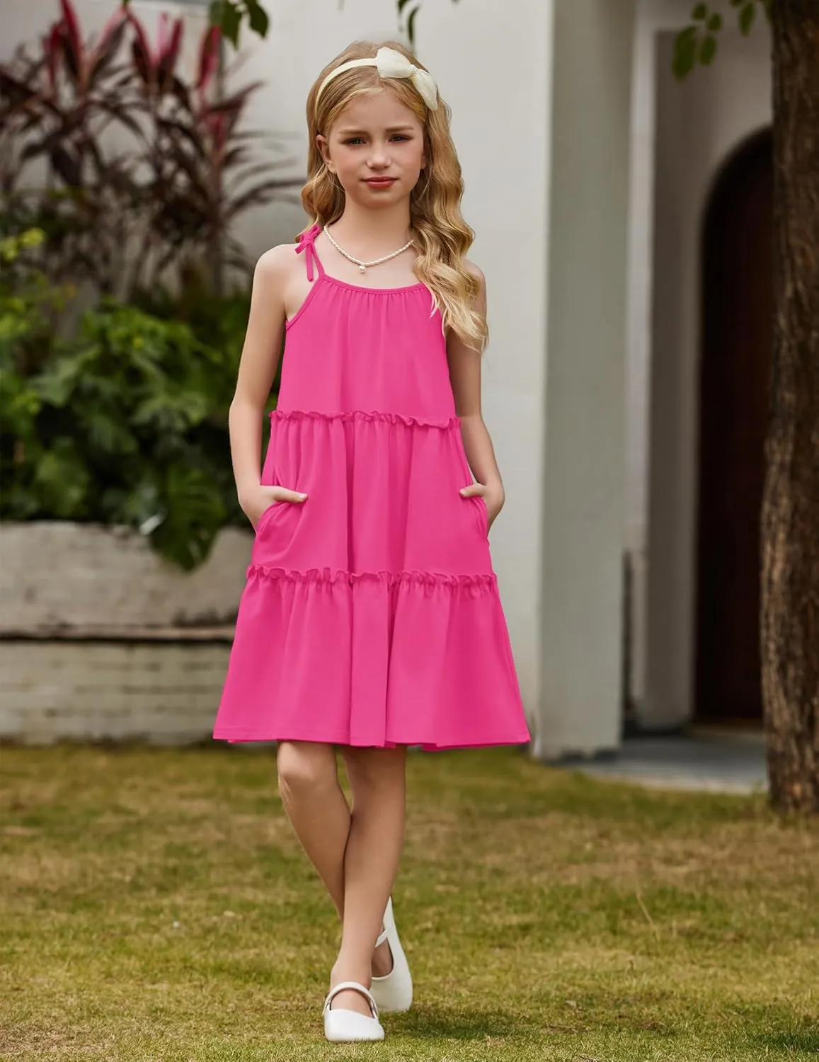 Arshiner Girl Summer Dresses Tween Boho Spaghetti Strap A-Line Swing Flowy Ruffle Tiered Sundress with Pockets