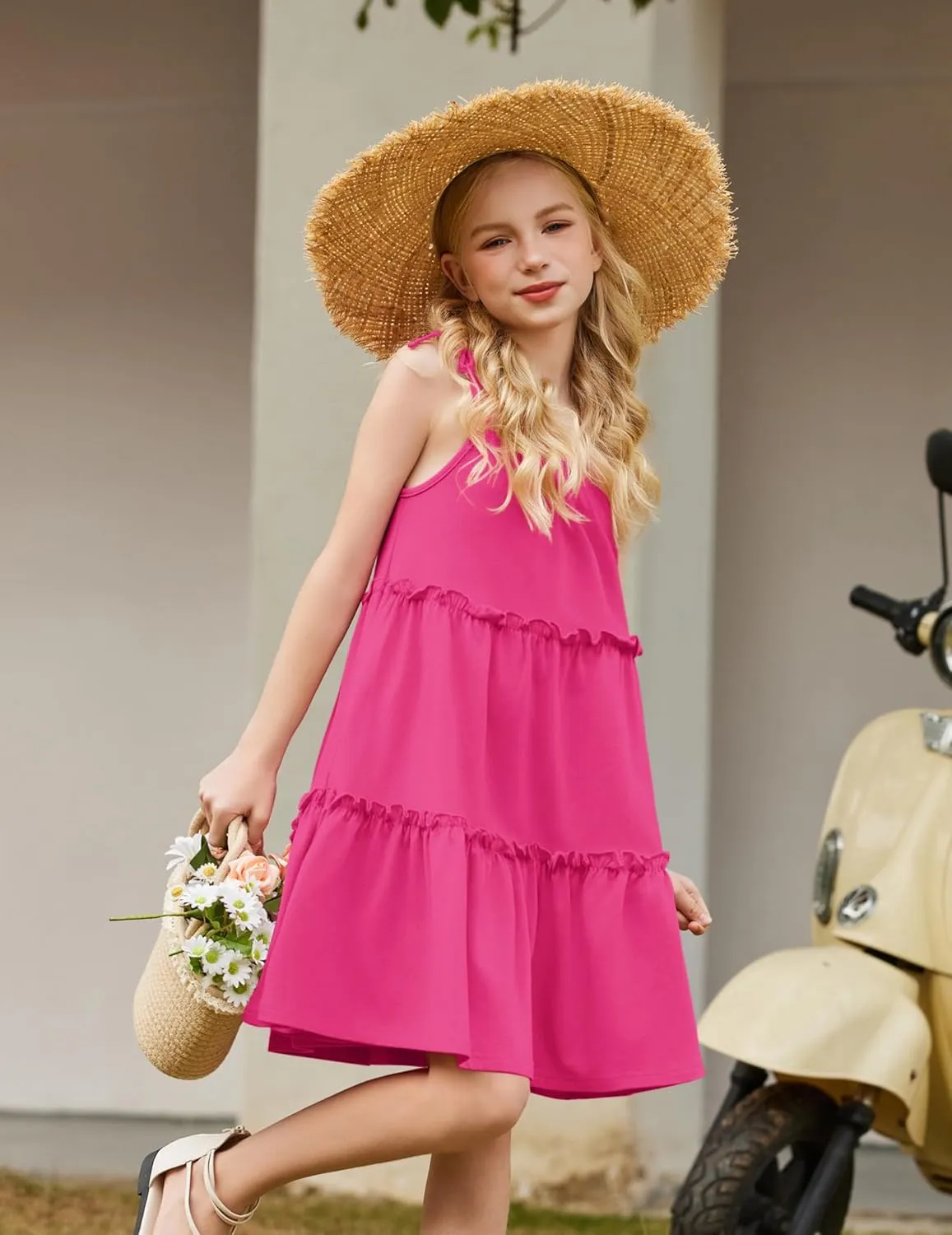 Arshiner Girl Summer Dresses Tween Boho Spaghetti Strap A-Line Swing Flowy Ruffle Tiered Sundress with Pockets
