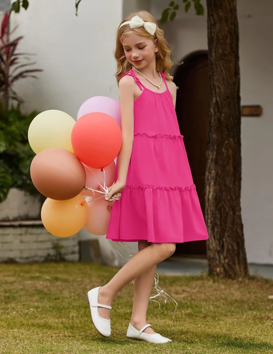 Arshiner Girl Summer Dresses Tween Boho Spaghetti Strap A-Line Swing Flowy Ruffle Tiered Sundress with Pockets