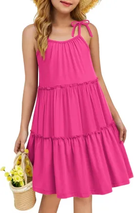 Arshiner Girl Summer Dresses Tween Boho Spaghetti Strap A-Line Swing Flowy Ruffle Tiered Sundress with Pockets