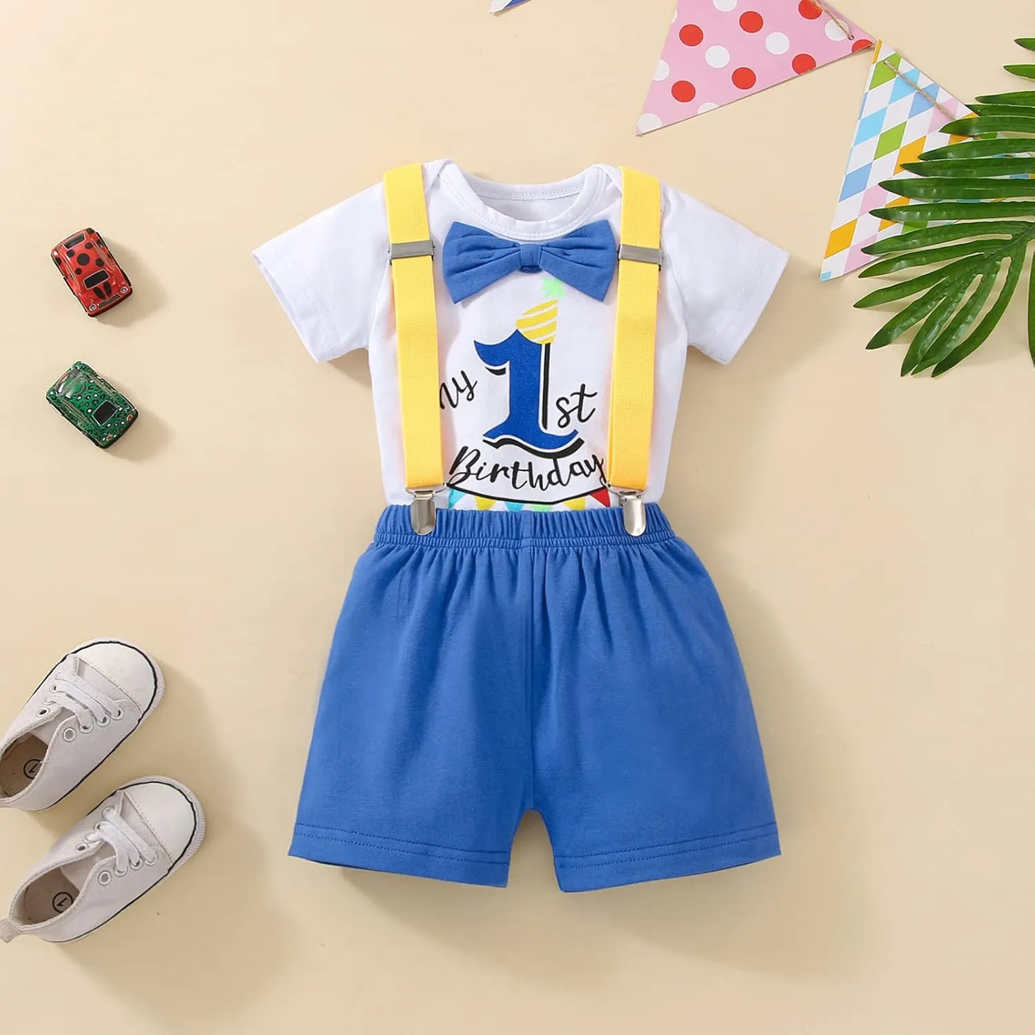 Baby Boy Funny First Birthday Clothes Bow Tie Dinosaur Themed Romper Pants Set Suspenders Cake Smash Outfits