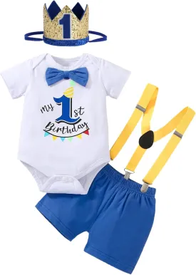 Baby Boy Funny First Birthday Clothes Bow Tie Dinosaur Themed Romper Pants Set Suspenders Cake Smash Outfits
