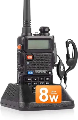 Baofeng UV-5R 8 Watt Ham Two Way Radio Upgrade Version (144-148/420-450Mhz), Dual Band Walkie Talkie 1800mAh Li-ion Battery