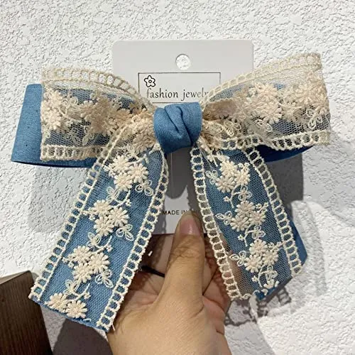 BBTDIN Blue Denim Hair Clip With Lace Bow, Light Blue, 1 Count