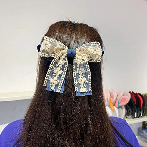 BBTDIN Blue Denim Hair Clip With Lace Bow, Light Blue, 1 Count