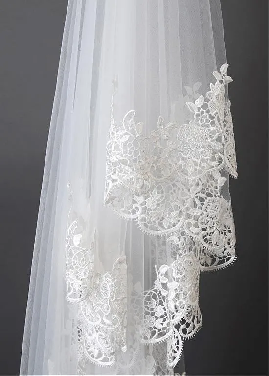 Beautiful Ivory Tulle Cathedral Wedding Veil With Lace Applique Edge