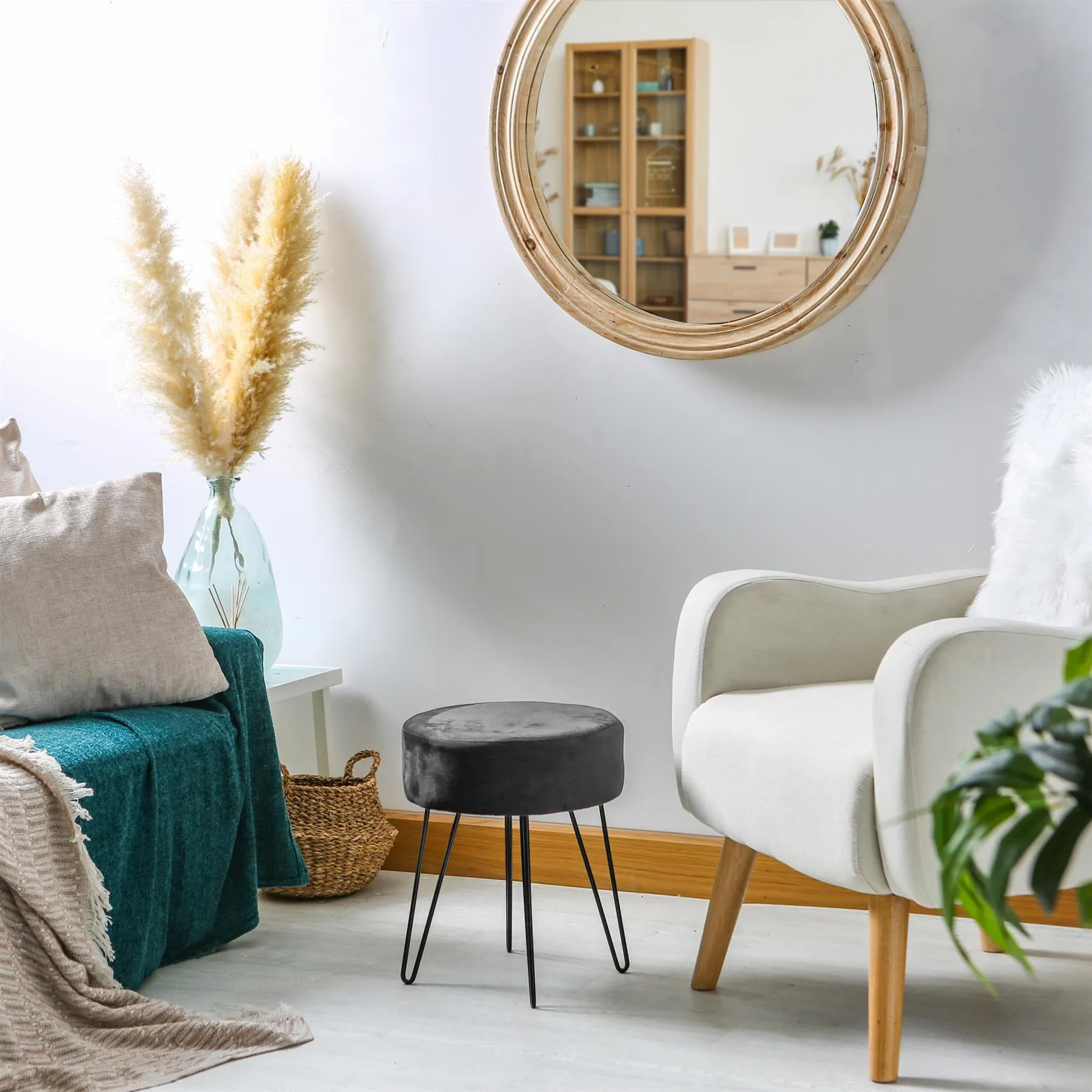 Black Round Velvet Footstool - By Harbour Housewares