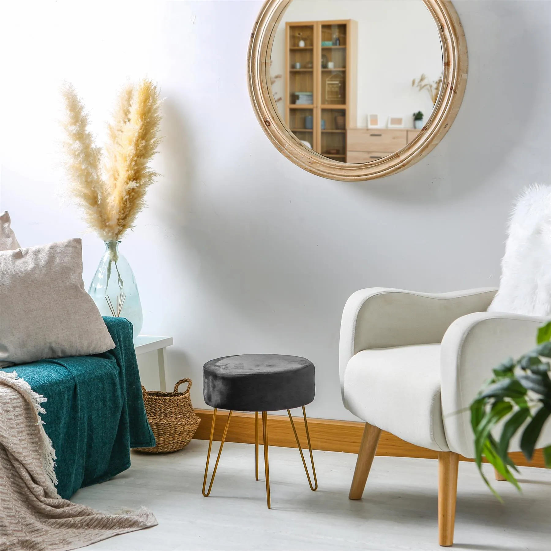 Black Round Velvet Footstool - By Harbour Housewares