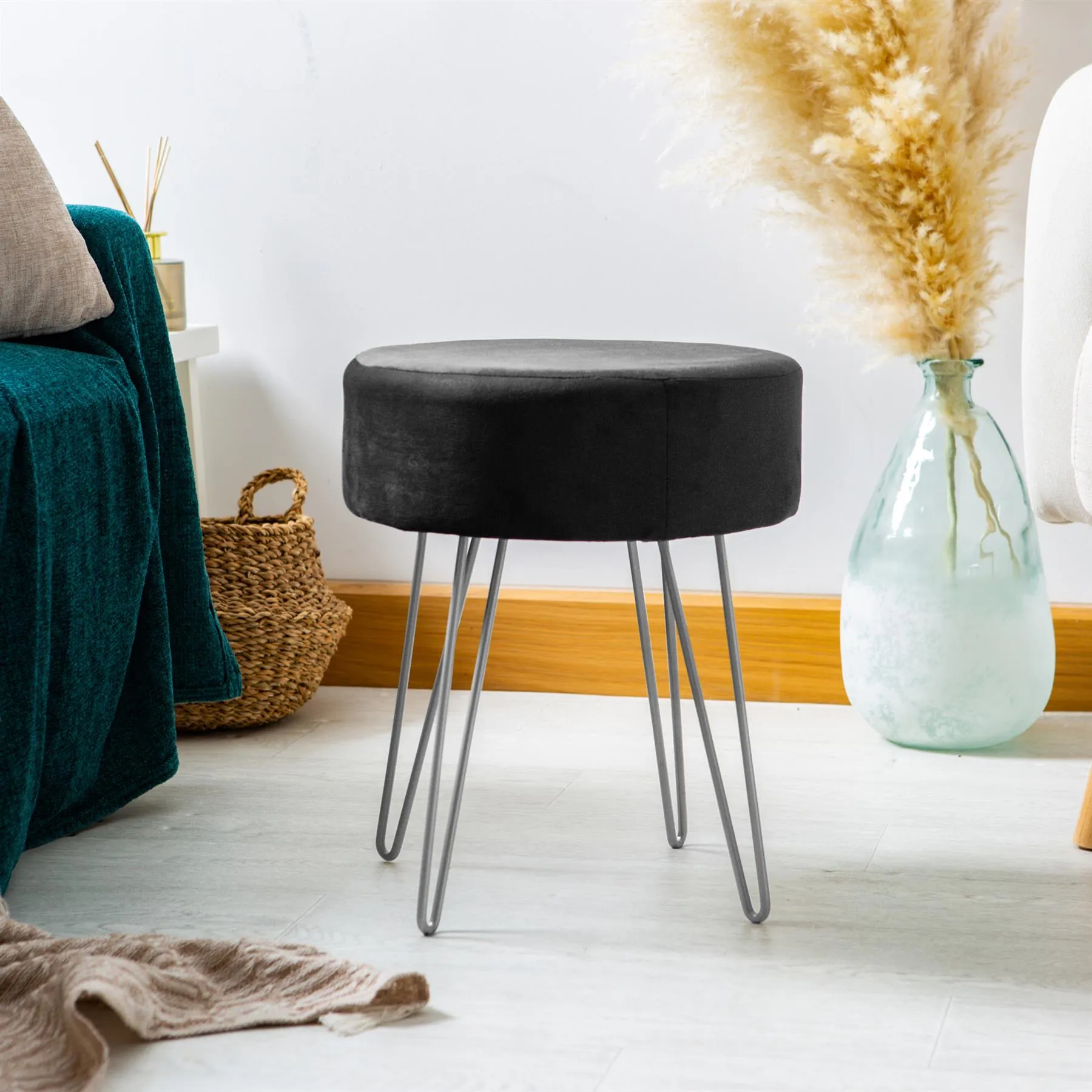 Black Round Velvet Footstool - By Harbour Housewares