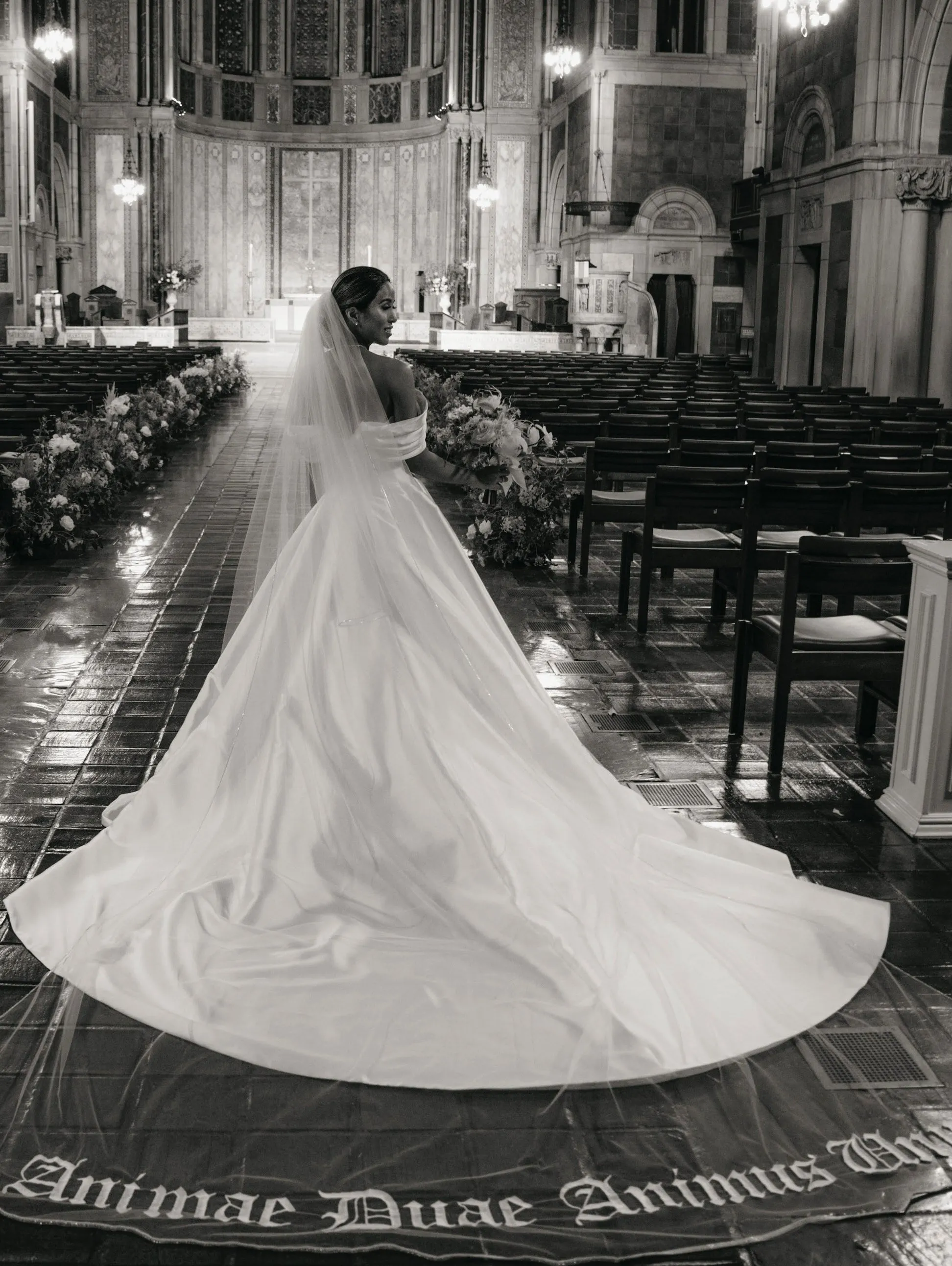 Bold Old English Embroidered Royal Length Veil with Bespoke Custom Phrase