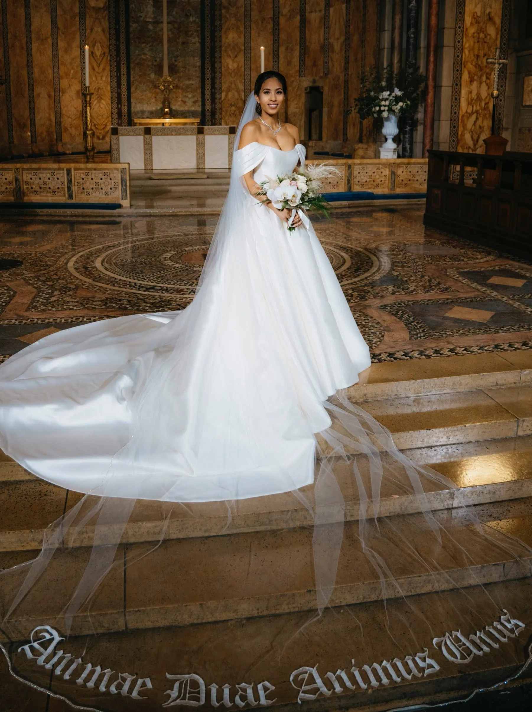 Bold Old English Embroidered Royal Length Veil with Bespoke Custom Phrase