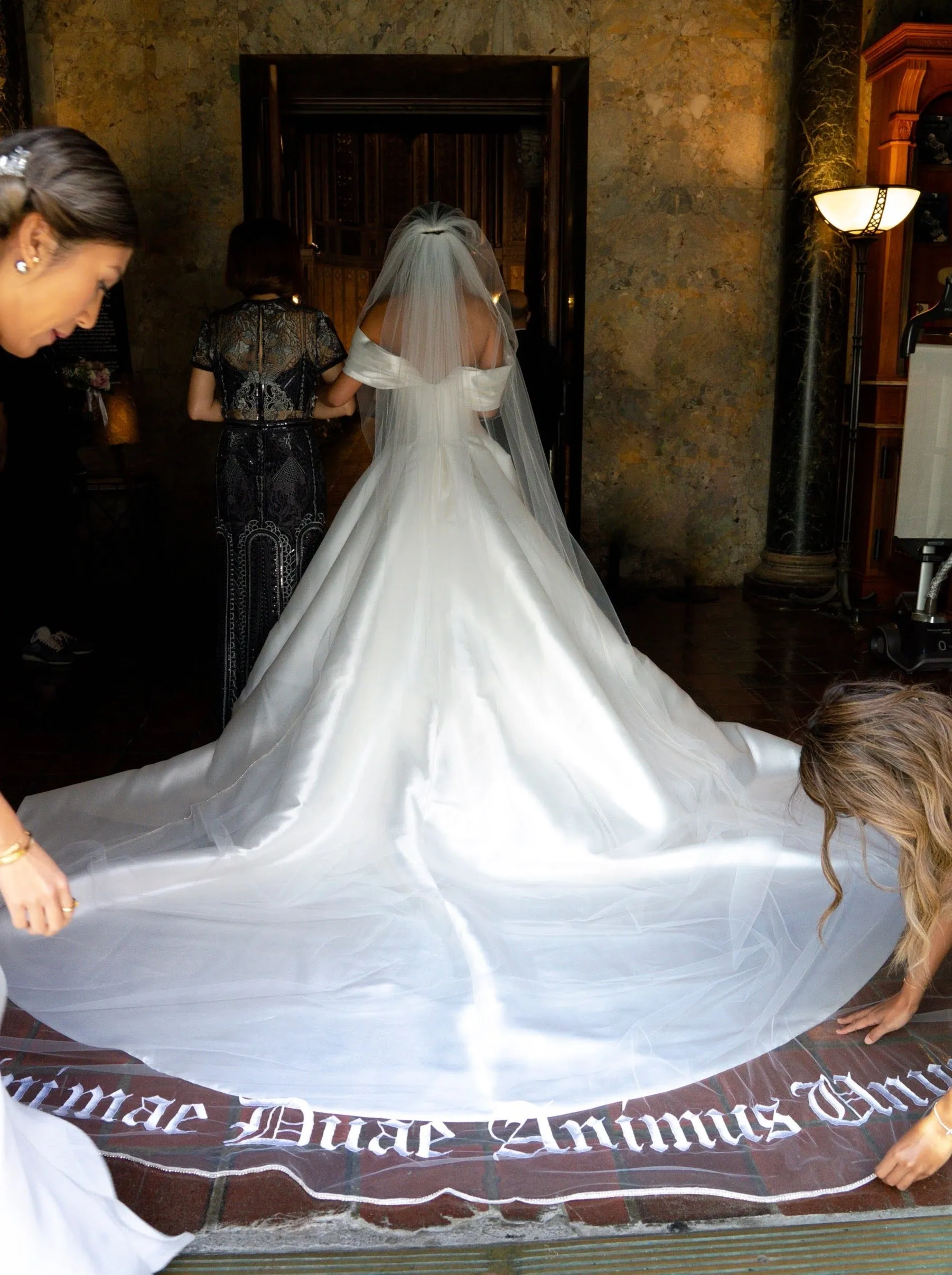 Bold Old English Embroidered Royal Length Veil with Bespoke Custom Phrase