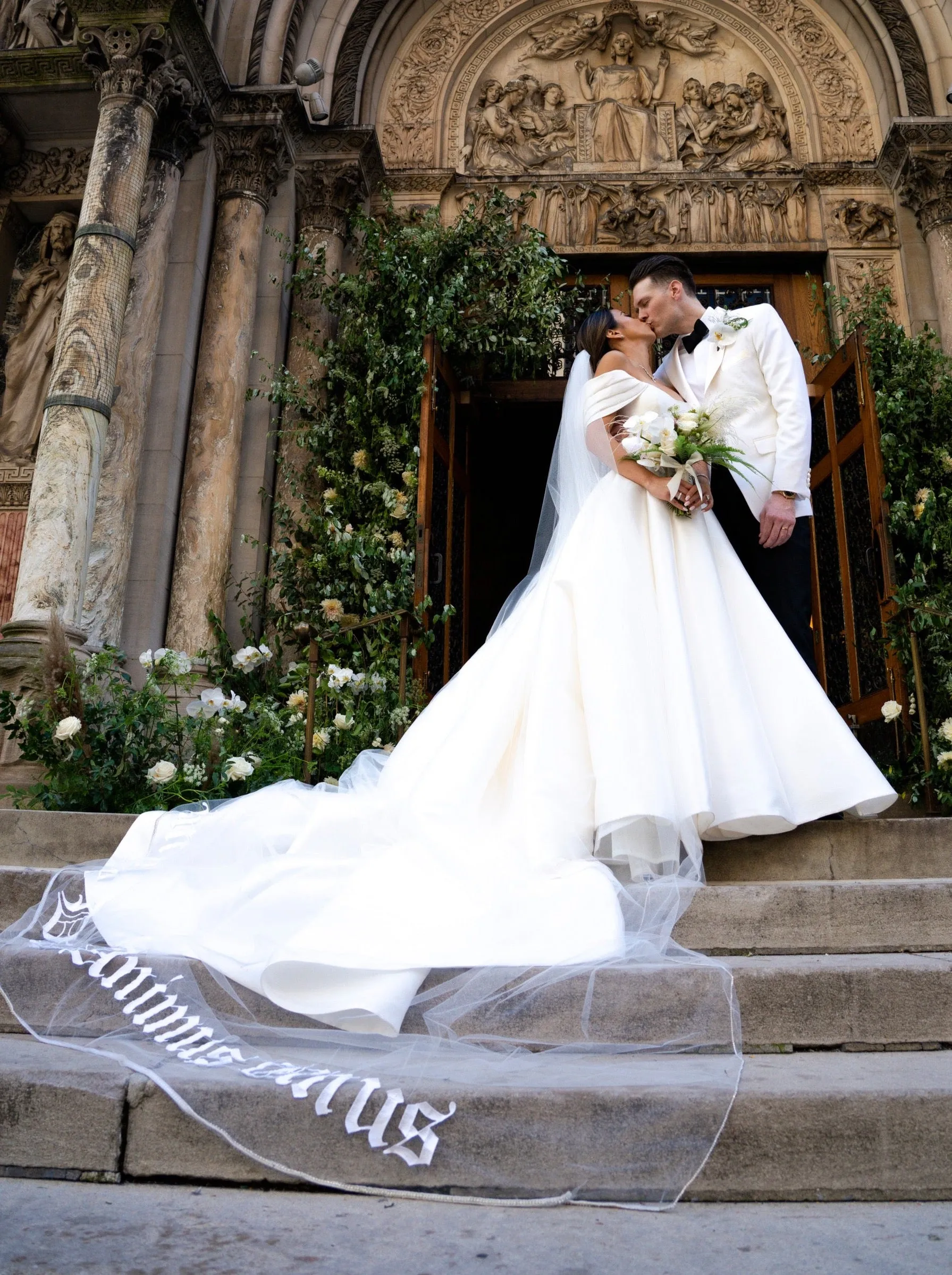Bold Old English Embroidered Royal Length Veil with Bespoke Custom Phrase