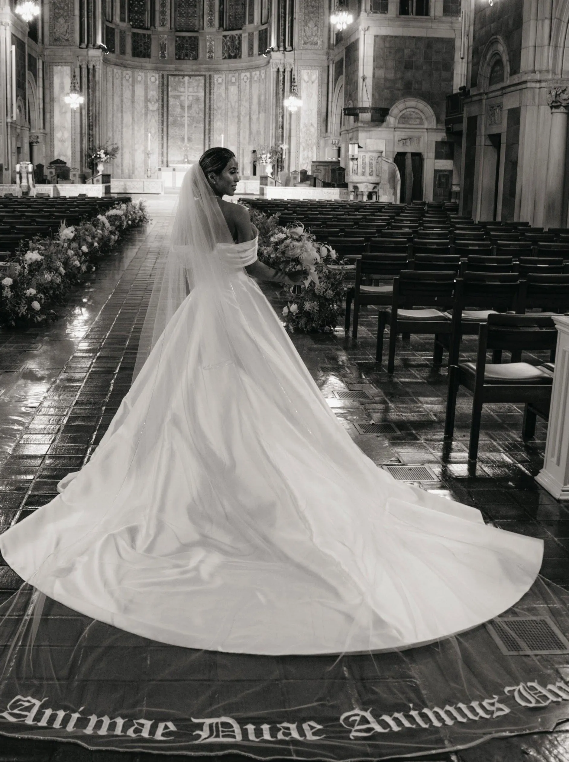 Bold Old English Embroidered Royal Length Veil with Bespoke Custom Phrase