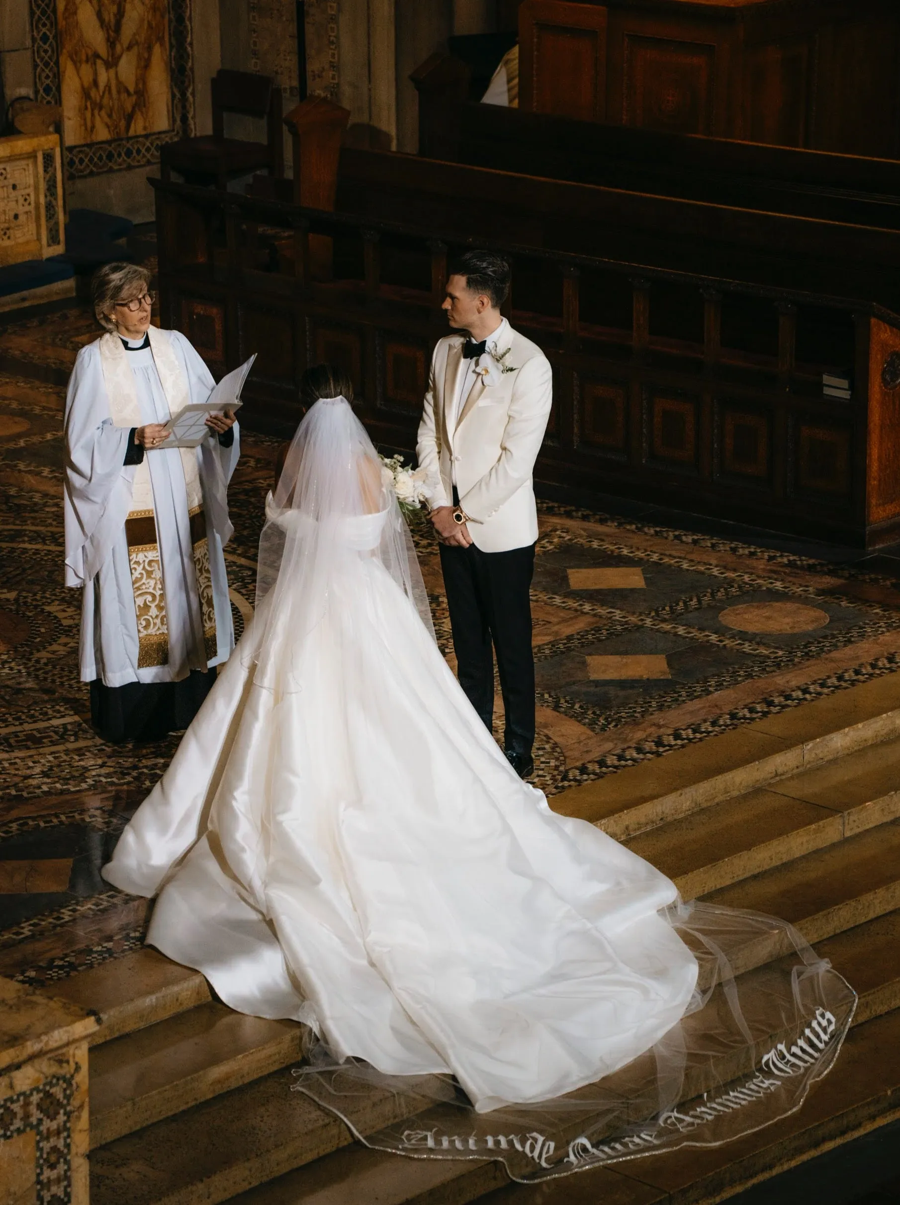 Bold Old English Embroidered Royal Length Veil with Bespoke Custom Phrase