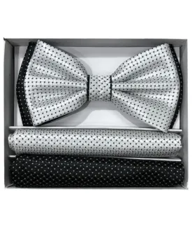 Brand Q men's white and black dots satin bowtie with hanky
