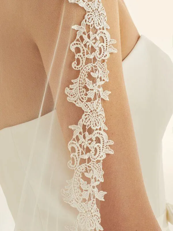 Chapel Length Wedding Veil, Lace Edge, Ivory Tulle S338