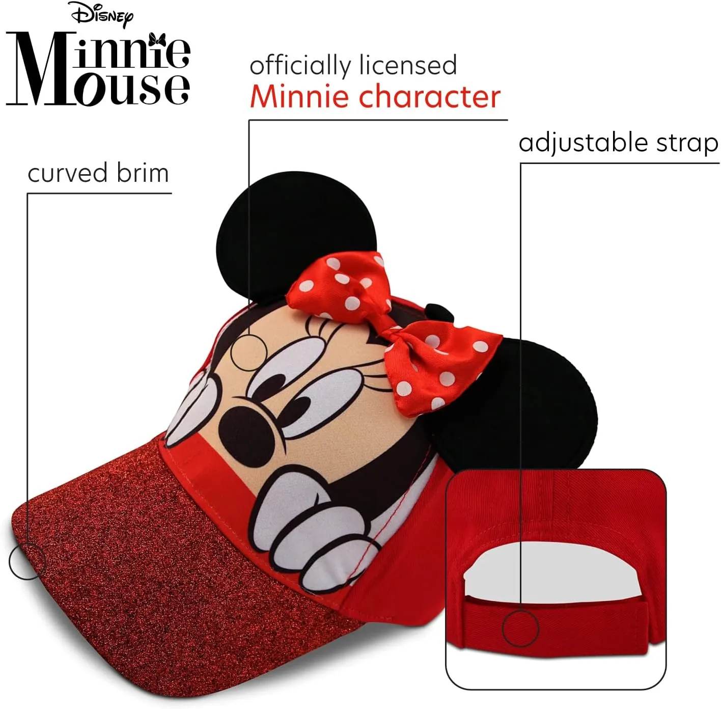 Disney Girls Minnie Mouse Glitter Baseball Cap  Minnie Mouse Costume Hat with 3D Ears (2-7)
