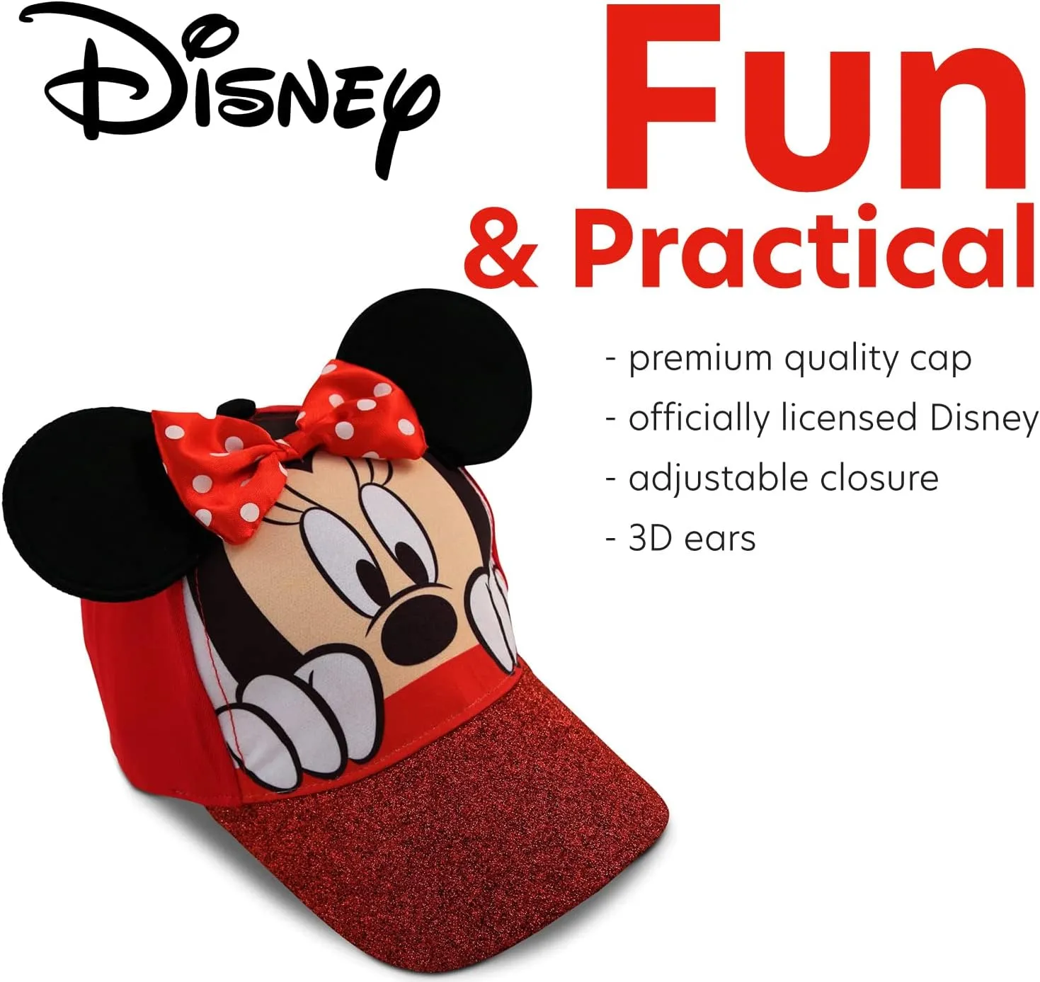 Disney Girls Minnie Mouse Glitter Baseball Cap  Minnie Mouse Costume Hat with 3D Ears (2-7)