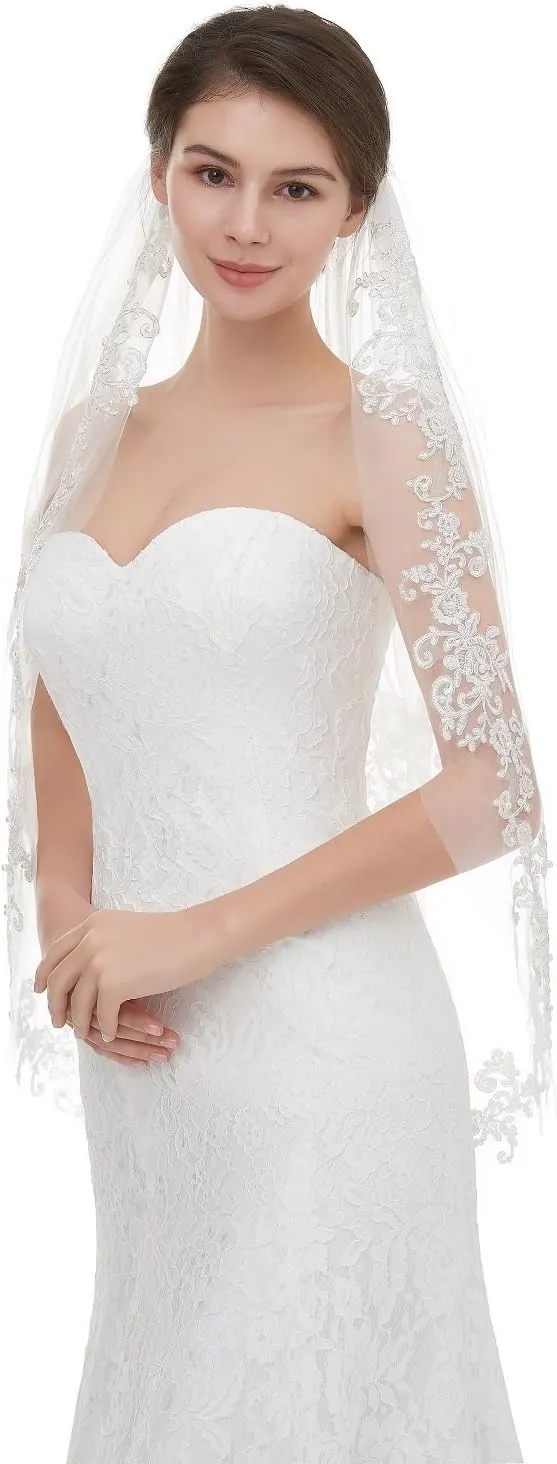 EllieHouse Womens Short Fingertip Length 1 Tier Lace Wedding Bridal Veil with Metal Comb L68