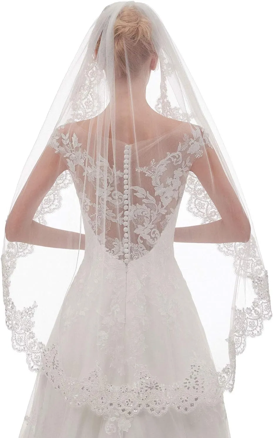 EllieHouse Womens Short Fingertip Length 1 Tier Lace Wedding Bridal Veil with Metal Comb L68