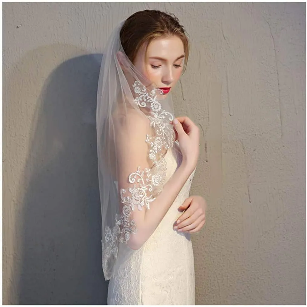 EllieHouse Womens Short Fingertip Length 1 Tier Lace Wedding Bridal Veil with Metal Comb L68