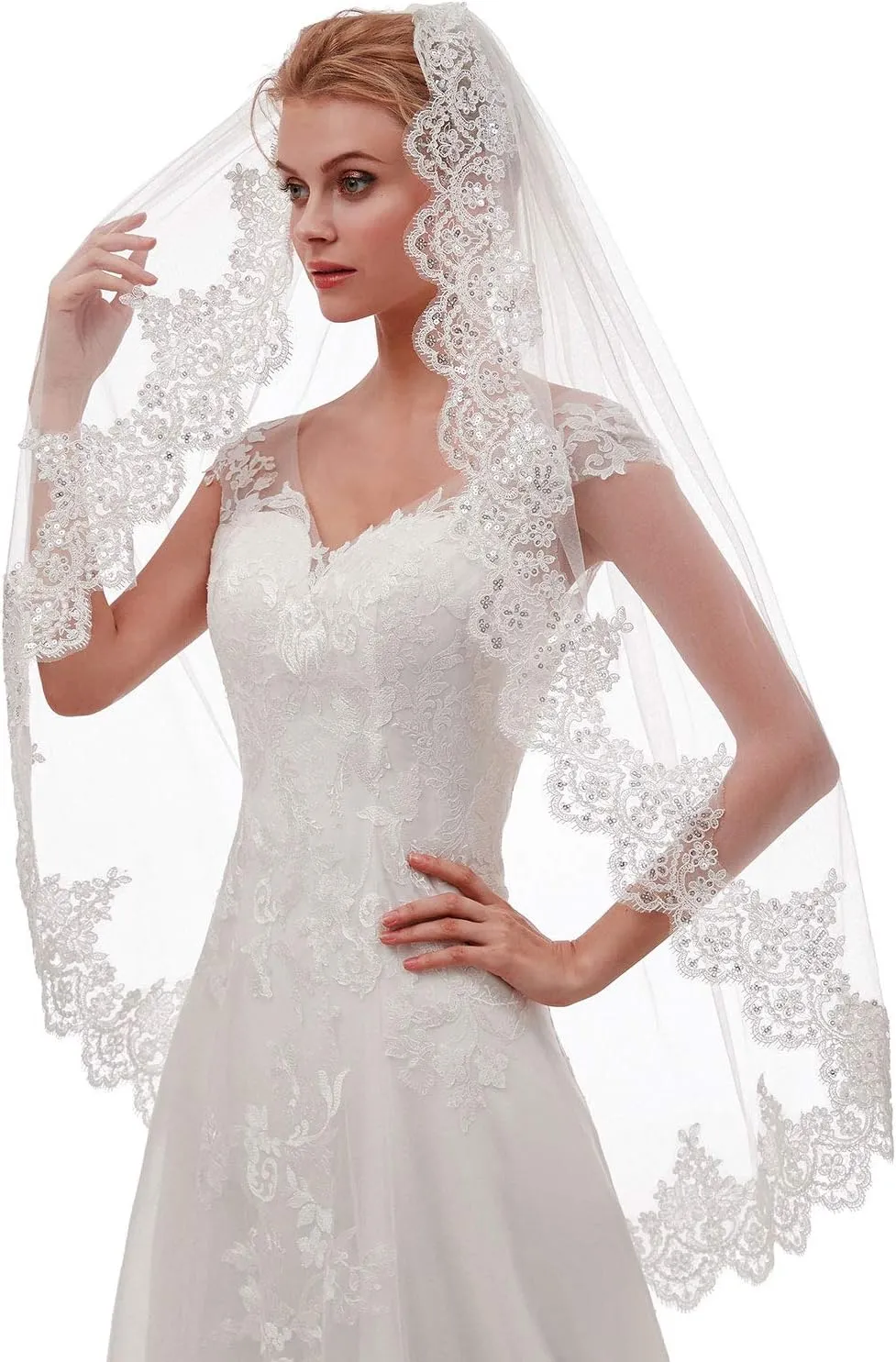 EllieHouse Womens Short Fingertip Length 1 Tier Lace Wedding Bridal Veil with Metal Comb L68
