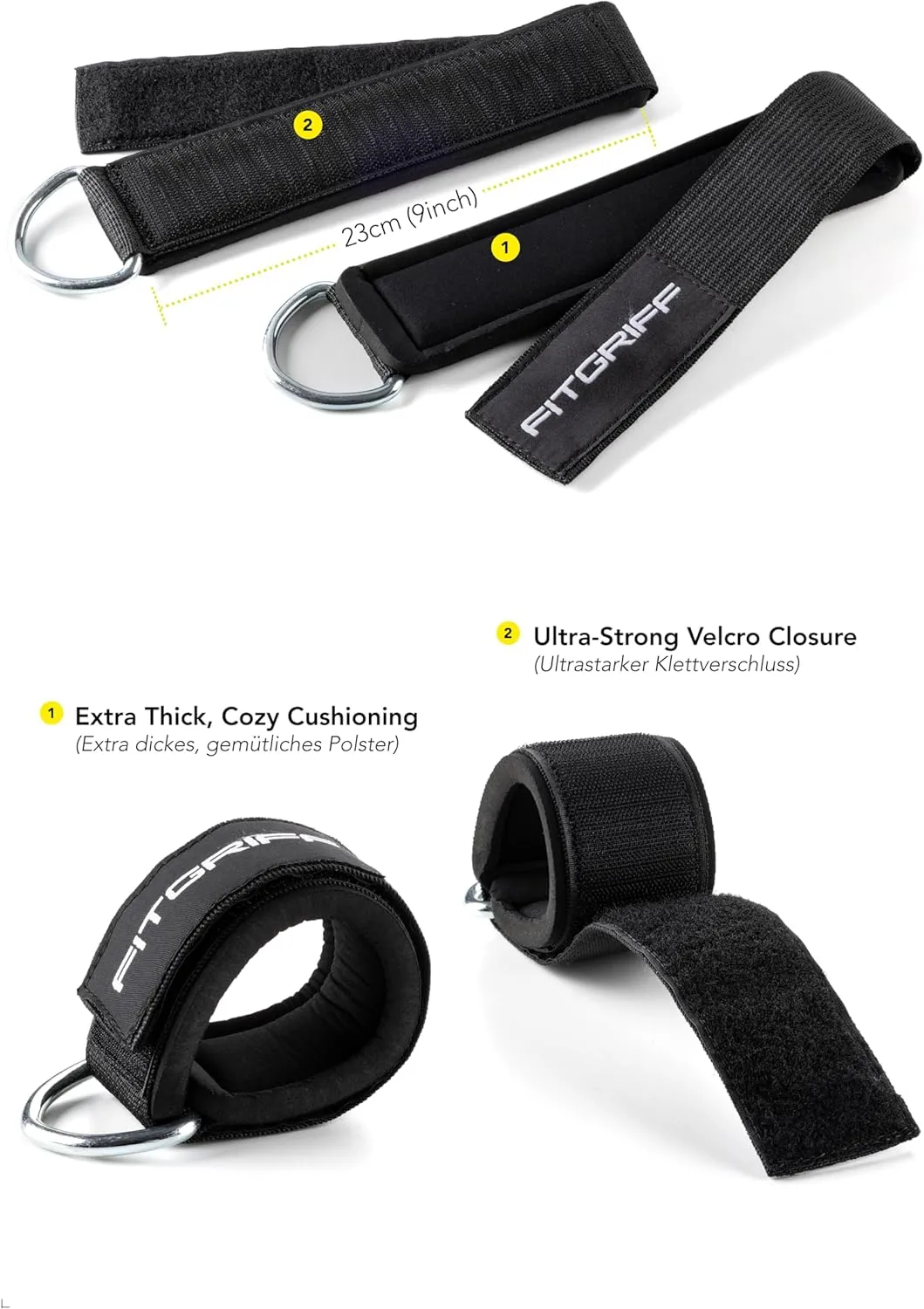 Fitgriff Ankle Straps V2 for Cable Machine (2 Pieces) - Gym Workout Equipment - Leg Pulley Attachment, Kickback Straps