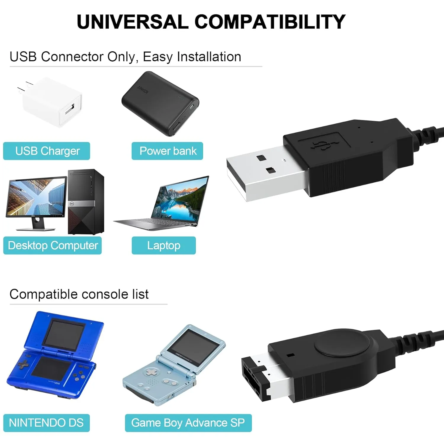 GBA SP Charger 3.9ft USB Cable for Nintendo DS Original Console(NDS)/ Gameboy Advance SP (GBA SP) USB Power Charger Cable (Black)