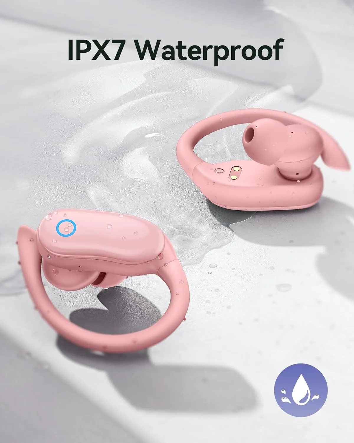 GNMN Ear Buds Wireless Earbuds 96hrs Playback Bluetooth Headphones IPX7 Waterproof Stereo Bass Over-Ear Earphones with Earhooks Microphone LED Battery Display for Sports/Workout/Gym/Running Pink