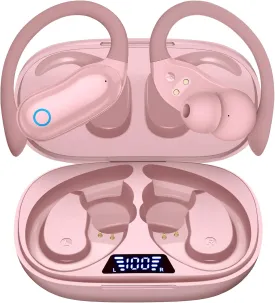GNMN Ear Buds Wireless Earbuds 96hrs Playback Bluetooth Headphones IPX7 Waterproof Stereo Bass Over-Ear Earphones with Earhooks Microphone LED Battery Display for Sports/Workout/Gym/Running Pink