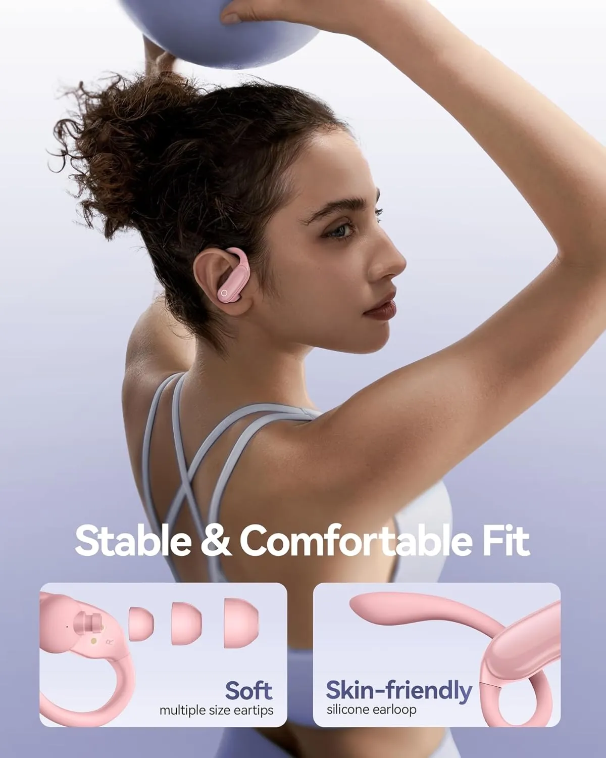 GNMN Ear Buds Wireless Earbuds 96hrs Playback Bluetooth Headphones IPX7 Waterproof Stereo Bass Over-Ear Earphones with Earhooks Microphone LED Battery Display for Sports/Workout/Gym/Running Pink