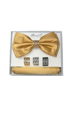 Gold Men's Satin Bowtie Set hanky and ring