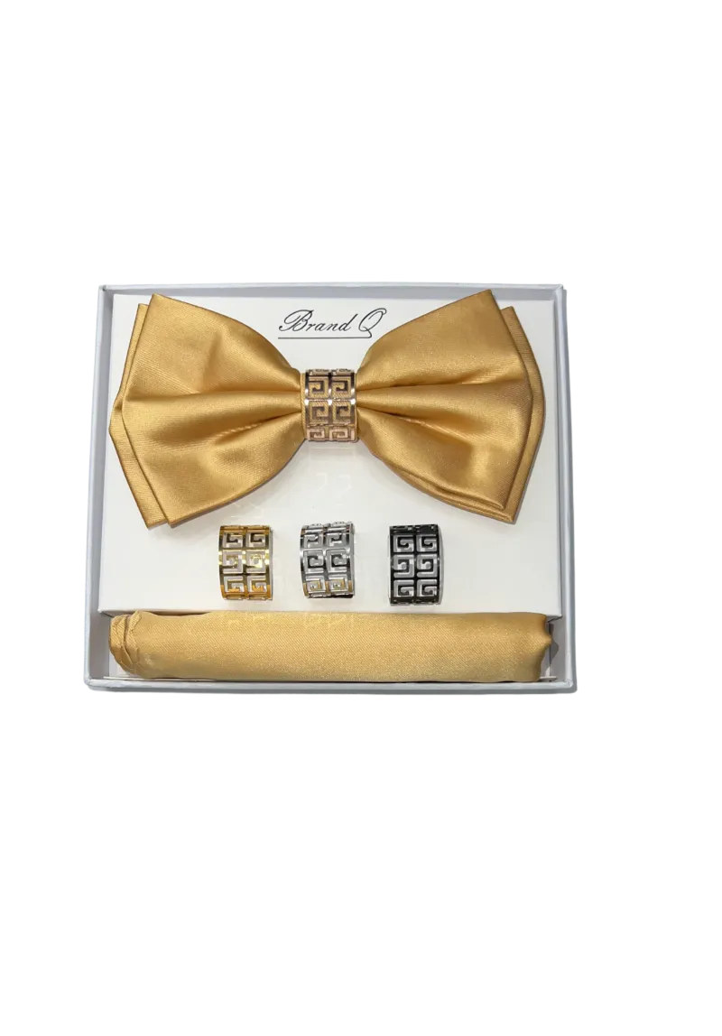 Gold Men's Satin Bowtie Set hanky and ring