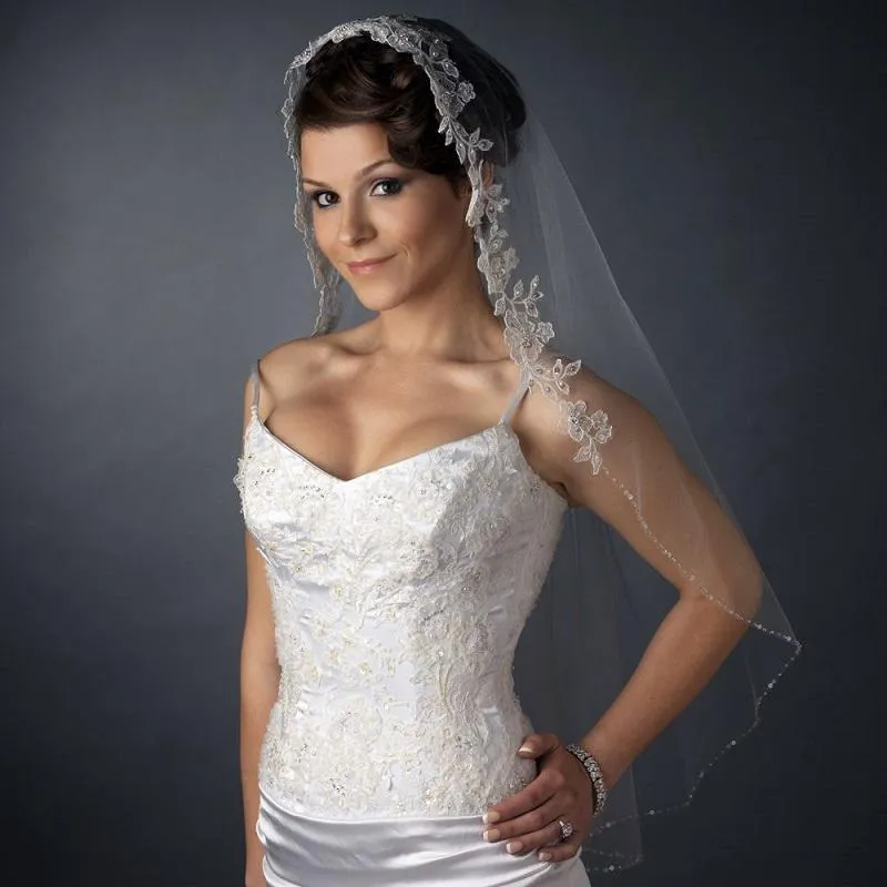 Gorgeous Feminine Bridal Veil with Lace, Beads Sequins