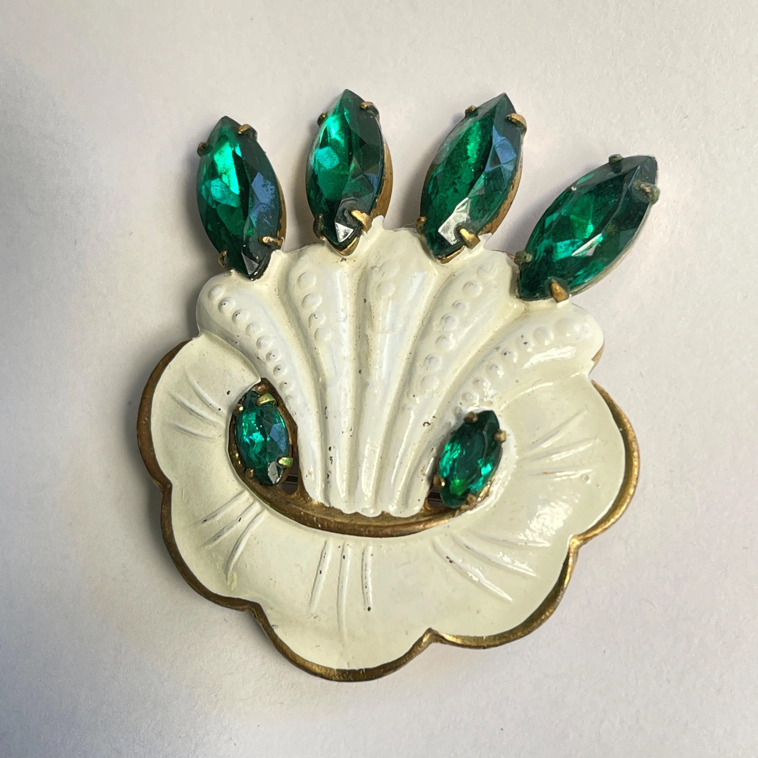 Green Emerald Glass & White Enamel Vintage Brooch