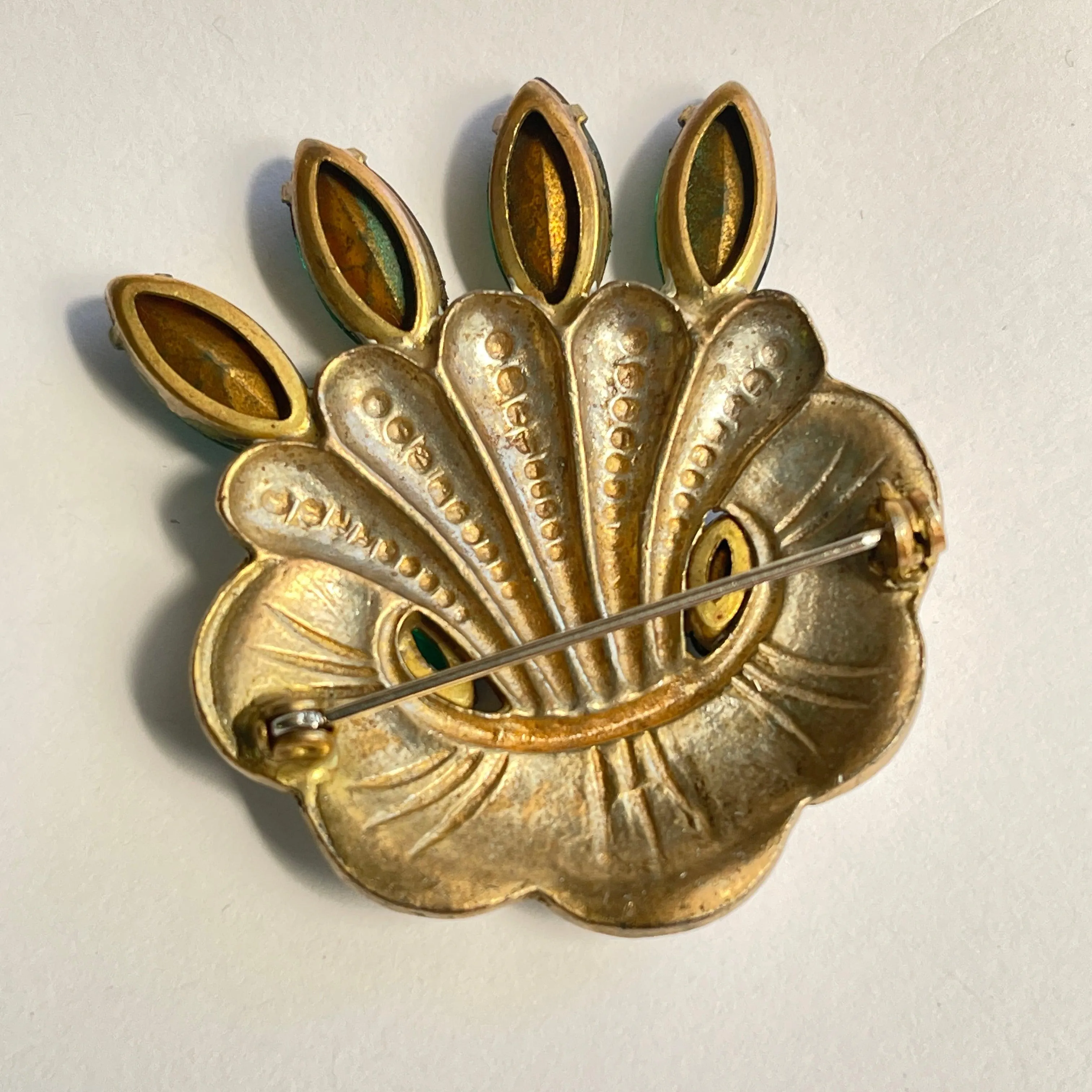 Green Emerald Glass & White Enamel Vintage Brooch