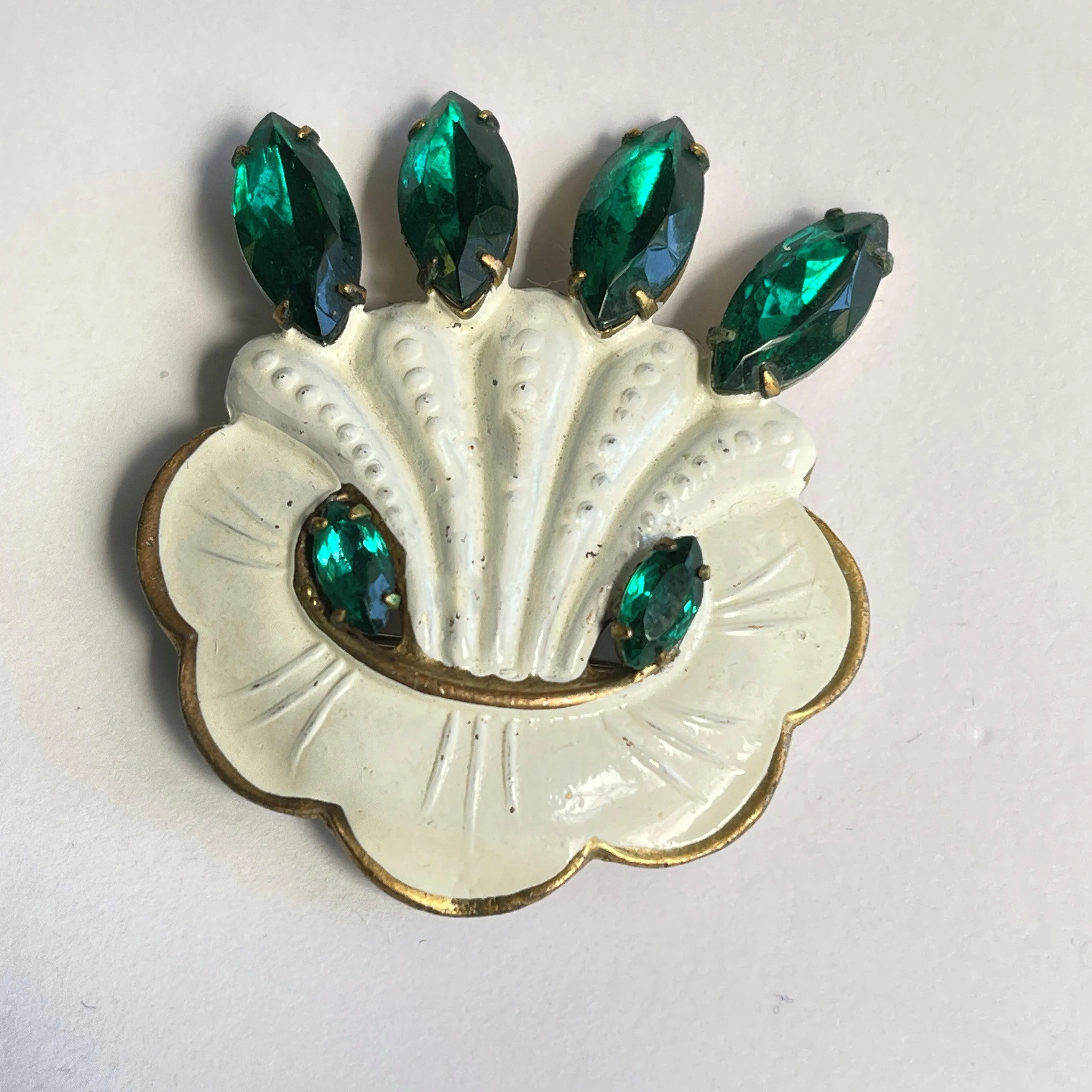 Green Emerald Glass & White Enamel Vintage Brooch