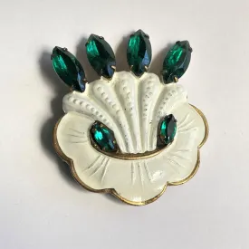 Green Emerald Glass & White Enamel Vintage Brooch