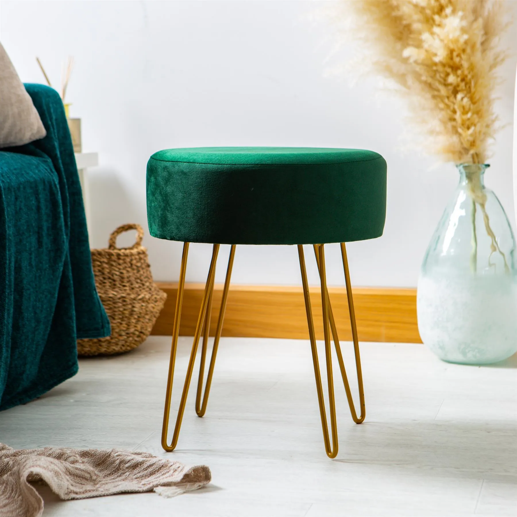 Green Round Velvet Footstool - By Harbour Housewares