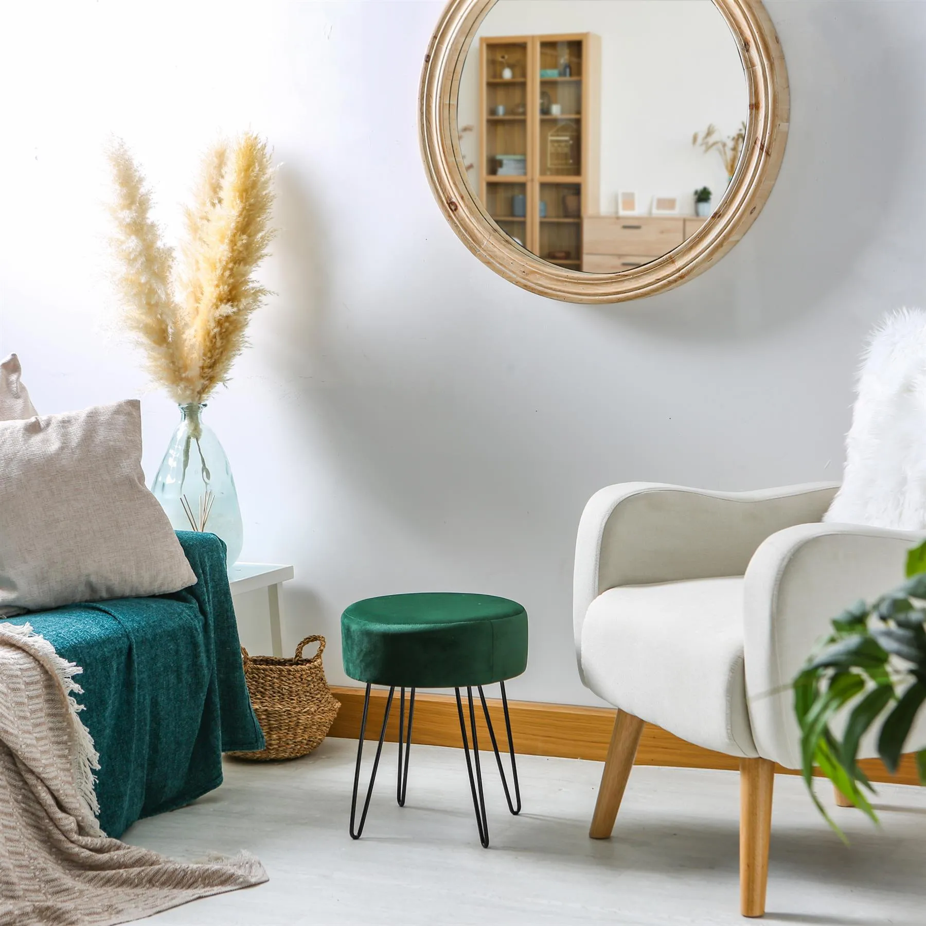 Green Round Velvet Footstool - By Harbour Housewares