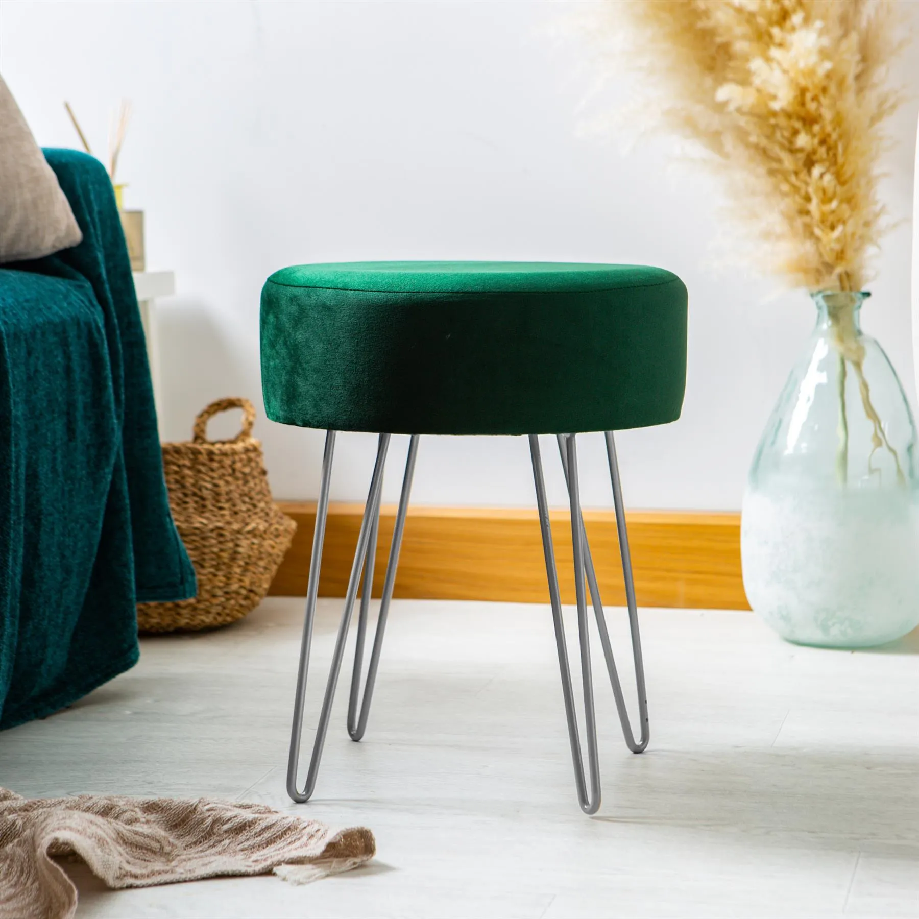 Green Round Velvet Footstool - By Harbour Housewares