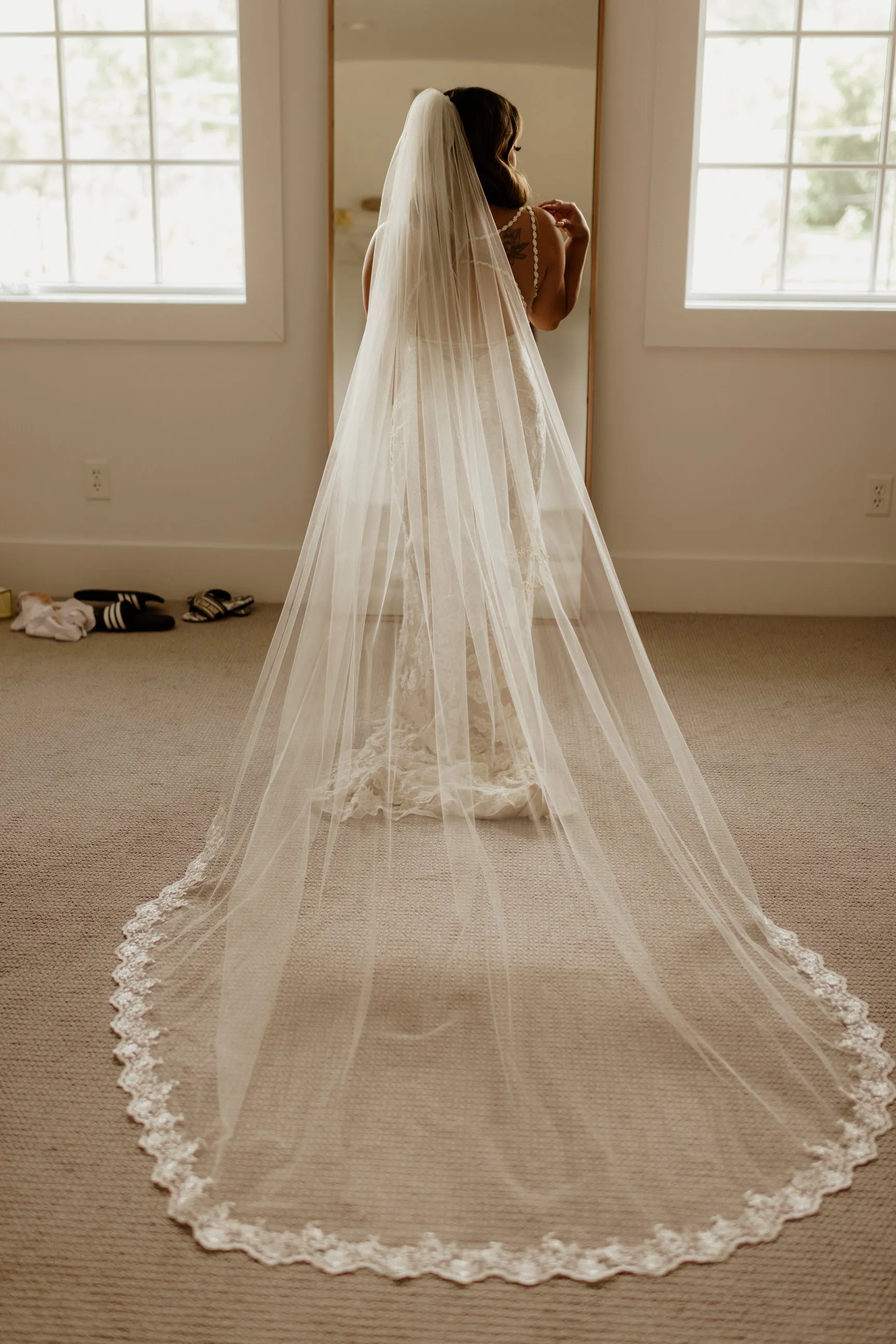 Long Cathedral Wedding Veil with Swirl Lace Trim