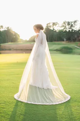 Long Cathedral Wedding Veil with Swirl Lace Trim